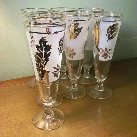 SET of 7 Libbey  Flute stem Beer glasses Frosted gold leaf 8.25" x 2.75" - Picture 2 of 16
